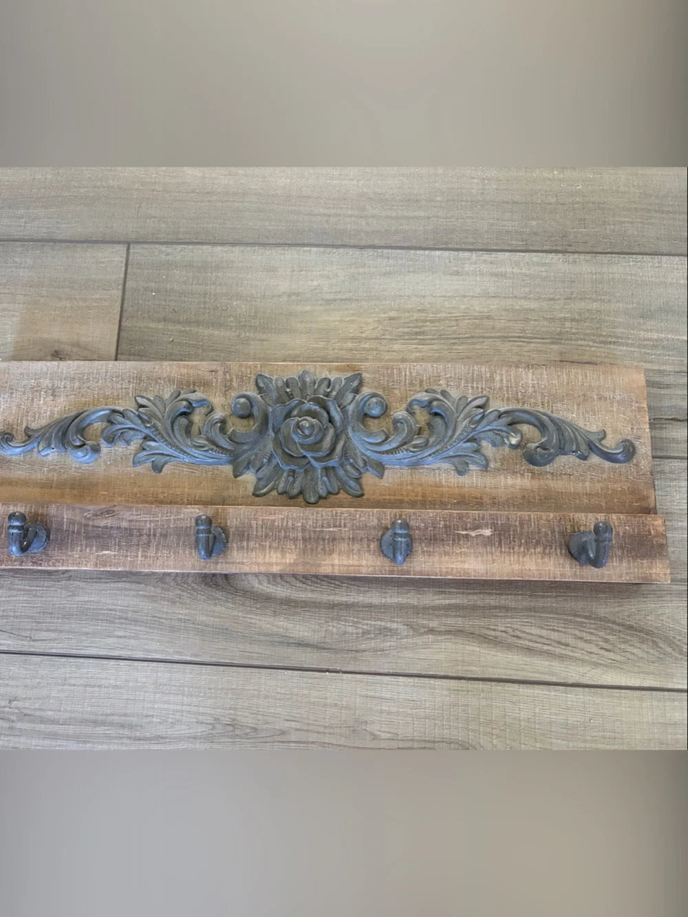Rustic Wood Wall Hook Panel with Decorative Metal Rose Accent - Brown